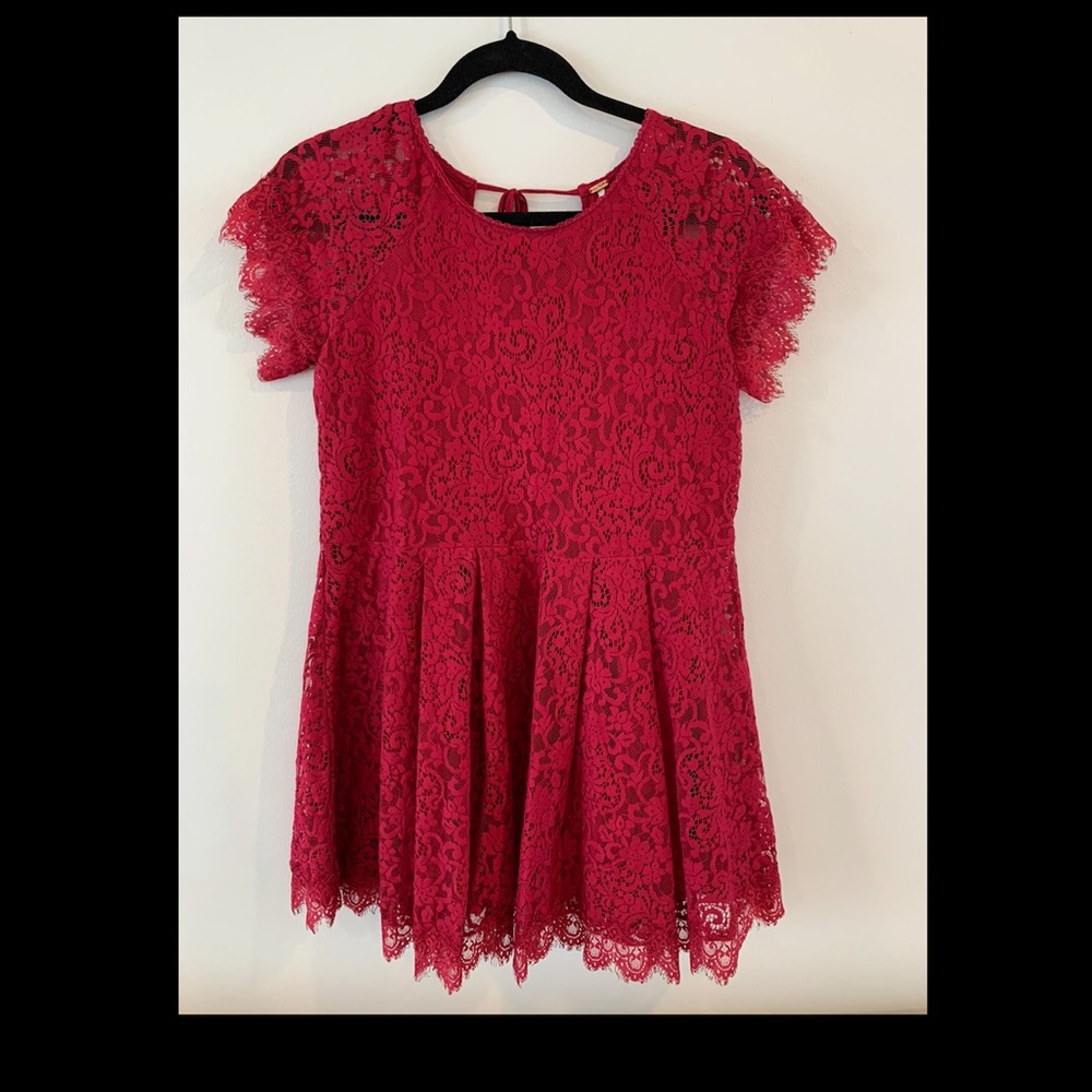 Free People Women Pink Lace Open Tie Back Short Sleeve Boho Mini Dress